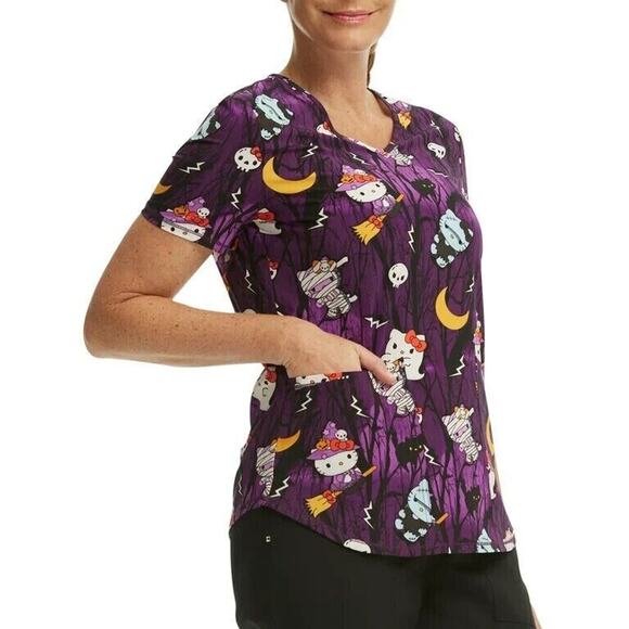 3XL Sanrio Hello Kitty Halloween Ghost Zombie Witch Cat Skull V-Neck Scrub Top - Picture 2 of 3